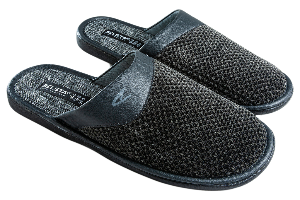 Men's slippers made of black velvet with a print, decorated with a turn-down cuff made of eco-leather.