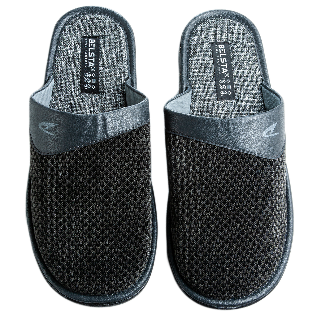 Men's slippers made of black velvet with a print, decorated with a turn-down cuff made of eco-leather.