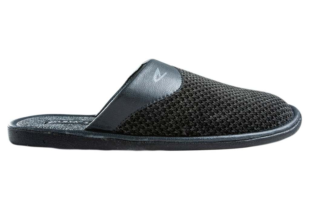 Men's slippers made of black velvet with a print, decorated with a turn-down cuff made of eco-leather.