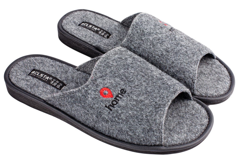 Men's open slippers made of gray Italian felt with "home" embroidery