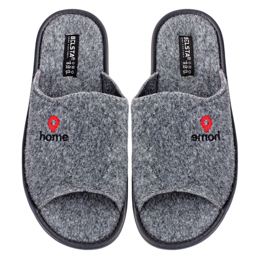Men's open slippers made of gray Italian felt with "home" embroidery