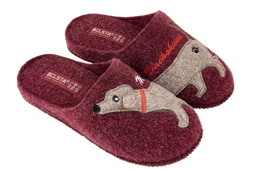Women's closed slippers made of Italian felt, decorated with embroidery of a cute dachshund dog