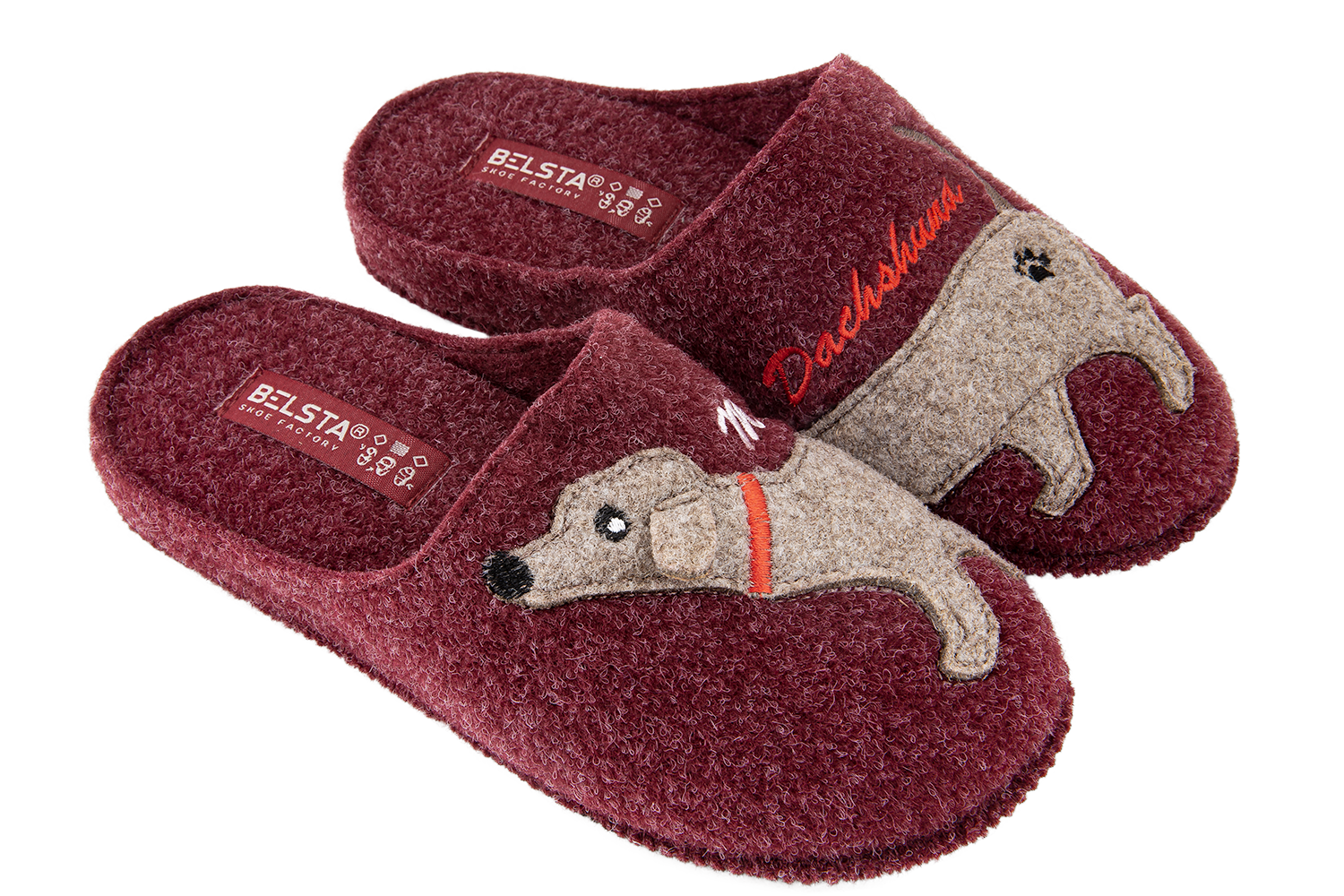 Women's closed slippers made of Italian felt, decorated with embroidery of a cute dachshund dog