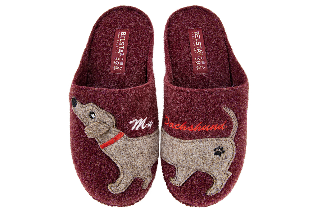 Women's closed slippers made of Italian felt, decorated with embroidery of a cute dachshund dog