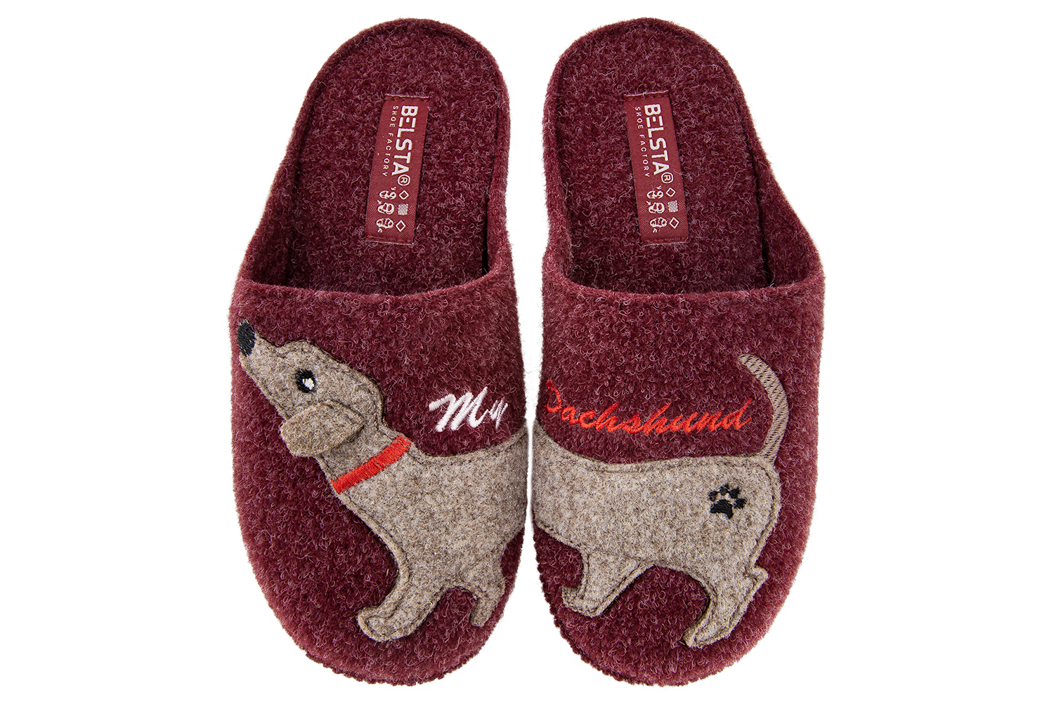 Women's closed slippers made of Italian felt, decorated with embroidery of a cute dachshund dog