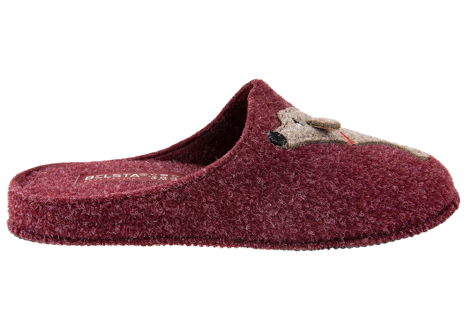 Women's closed slippers made of Italian felt, decorated with embroidery of a cute dachshund dog