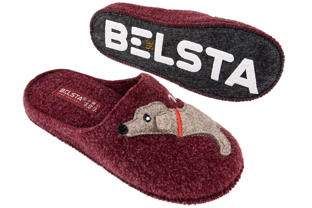 Women's closed slippers made of Italian felt, decorated with embroidery of a cute dachshund dog