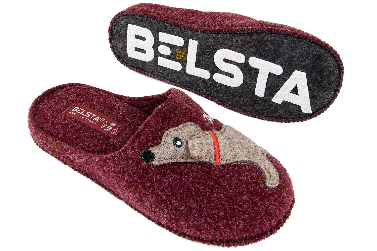 Women's closed slippers made of Italian felt, decorated with embroidery of a cute dachshund dog