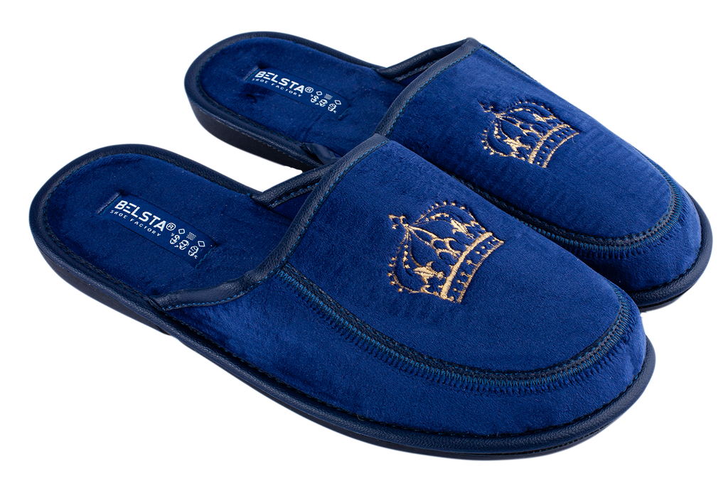 Men's closed-toe house slippers made of blue velour, decorated with an embroidered Crown