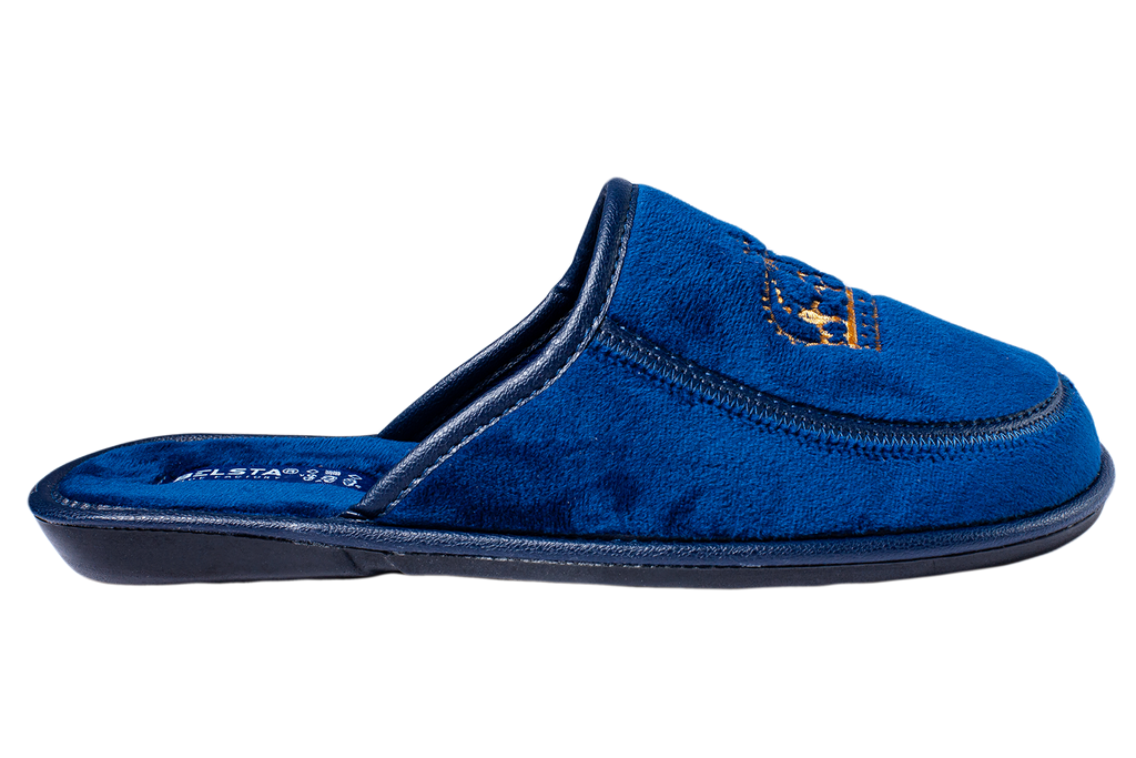Men's closed-toe house slippers made of blue velour, decorated with an embroidered Crown