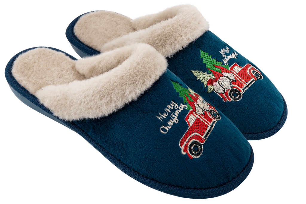Women's closed slippers made of blue velvet and fur, decorated with Christmas embroidery.
