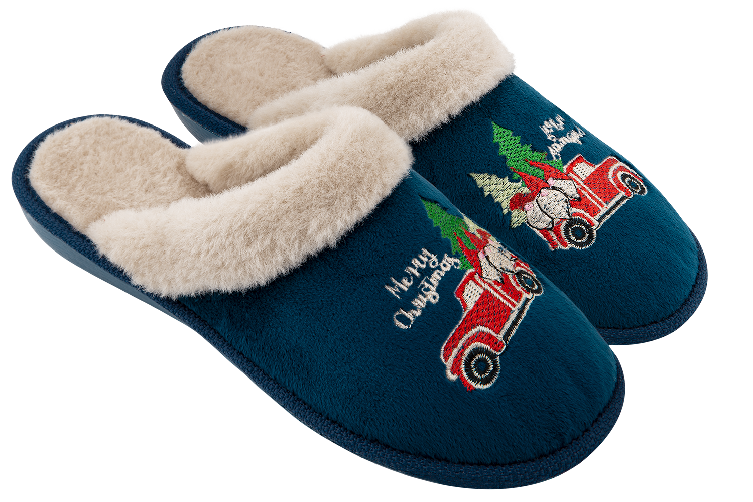 Women's closed slippers made of blue velvet and fur, decorated with Christmas embroidery.