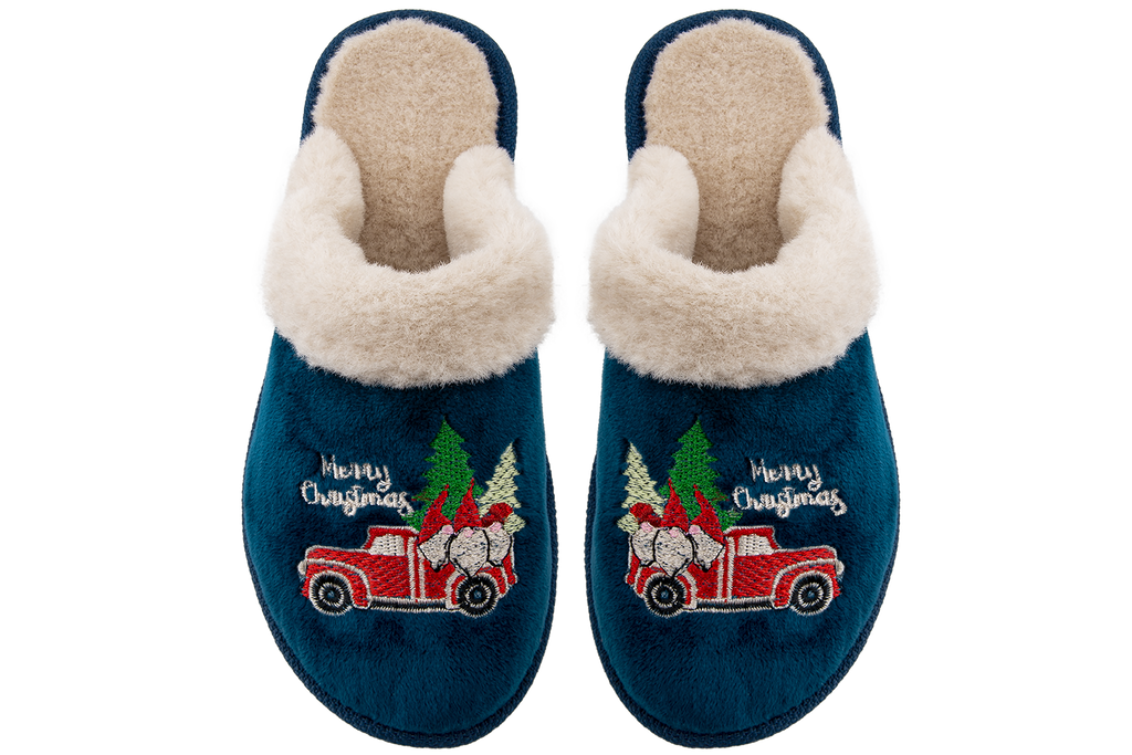 Women's closed slippers made of blue velvet and fur, decorated with Christmas embroidery.