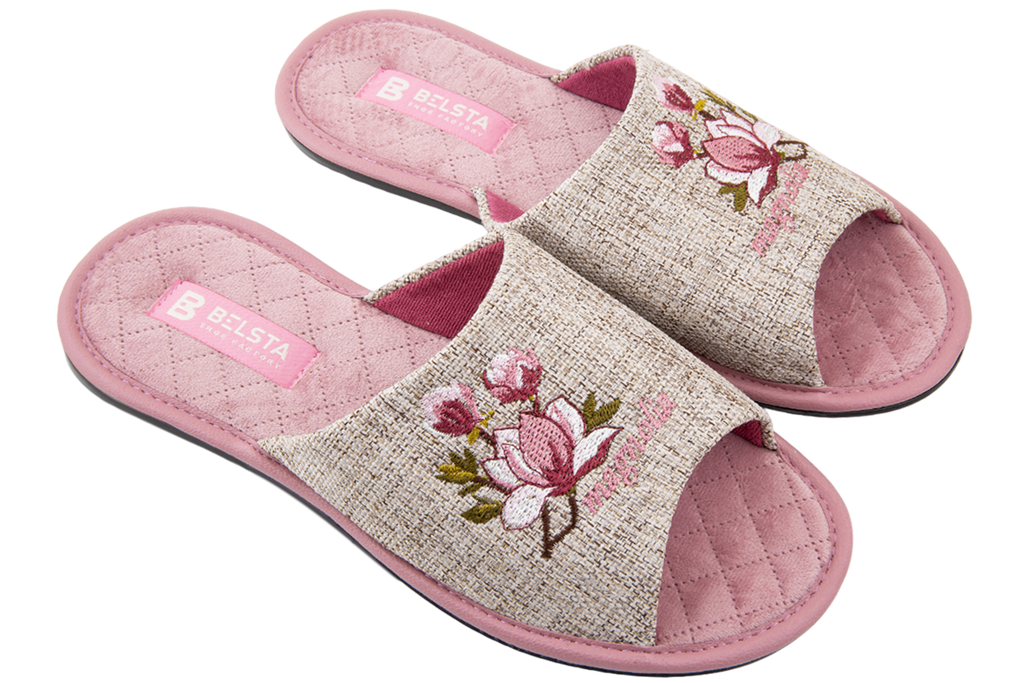 Indoor women's open slippers made of textile and quilted velvet with a magnolia design