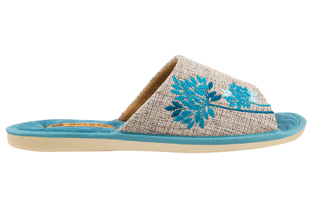 Indoor women's open slippers made of textile and quilted velvet with a magnolia design