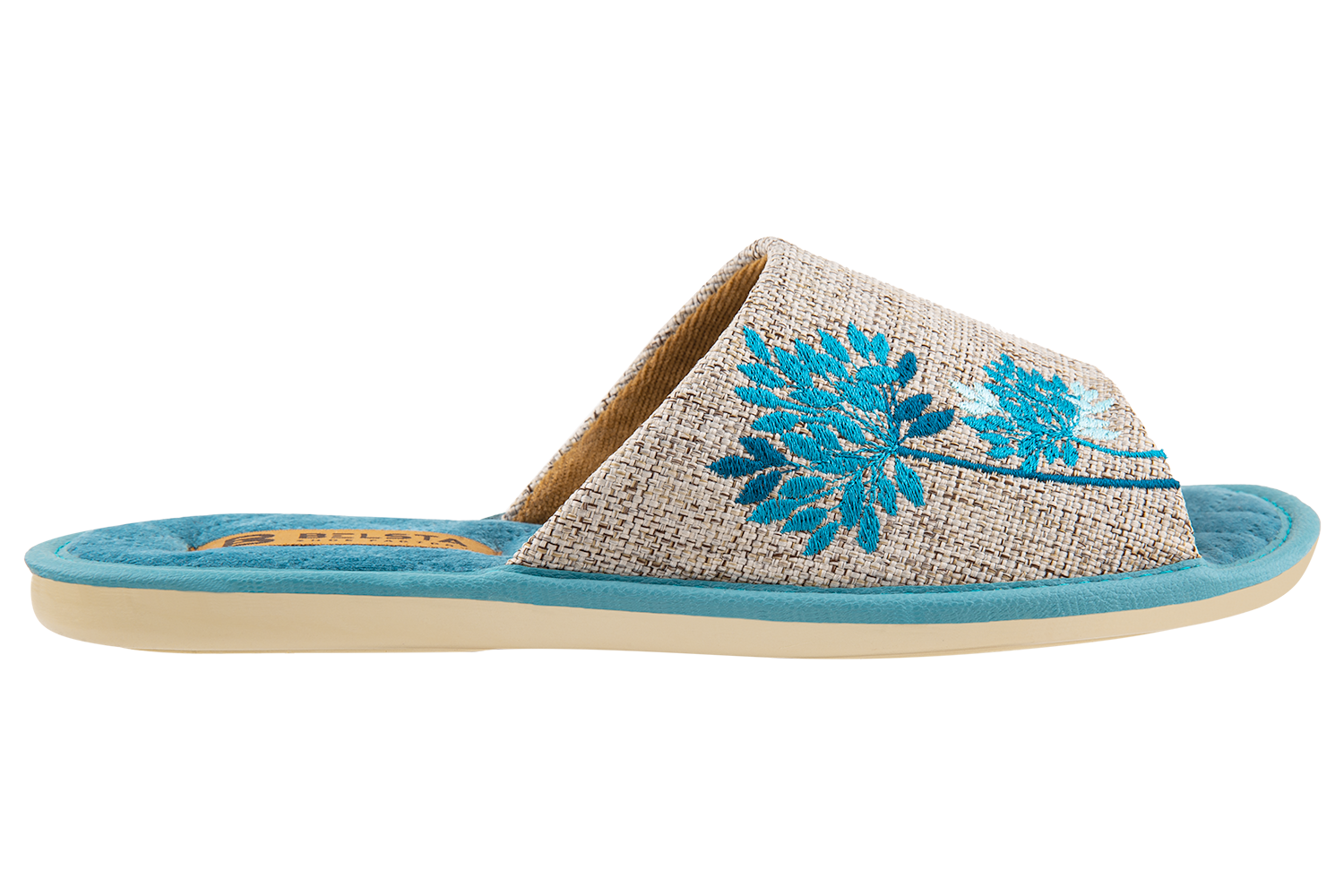 Indoor women's open slippers made of textile and quilted velvet with a magnolia design
