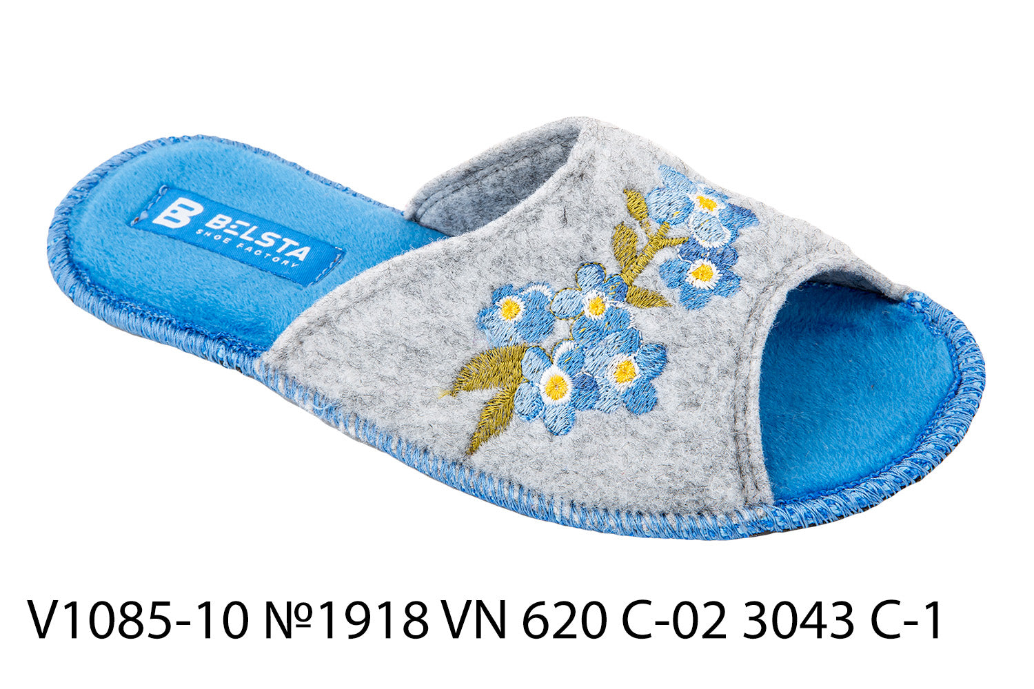 Women's open slippers BELSTA made of light grey Italian felt, decorated with blue flower embroidery