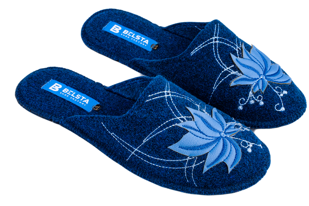 Women's closed slippers BELSTA made of dark blue Italian felt, decorated with embroidery and a maple leaf appliqué