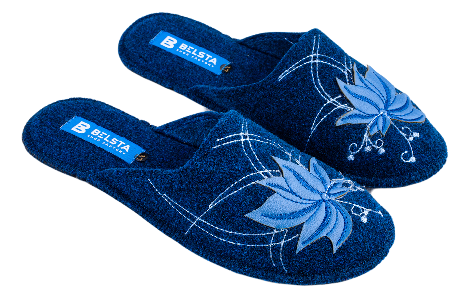 Women's closed slippers BELSTA made of dark blue Italian felt, decorated with embroidery and a maple leaf appliqué
