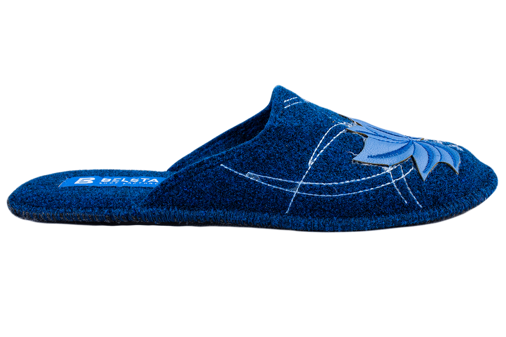 Women's closed slippers BELSTA made of dark blue Italian felt, decorated with embroidery and a maple leaf appliqué