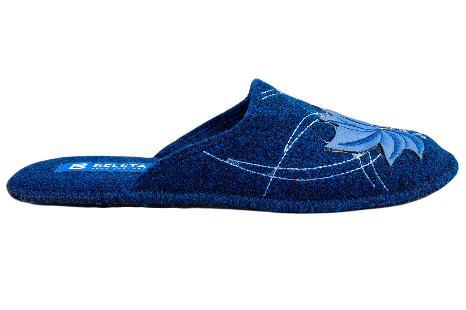 Women's closed slippers BELSTA made of dark blue Italian felt, decorated with embroidery and a maple leaf appliqué