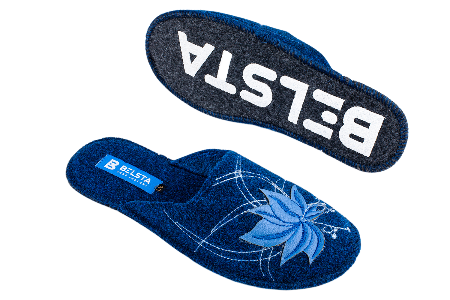 Women's closed slippers BELSTA made of dark blue Italian felt, decorated with embroidery and a maple leaf appliqué