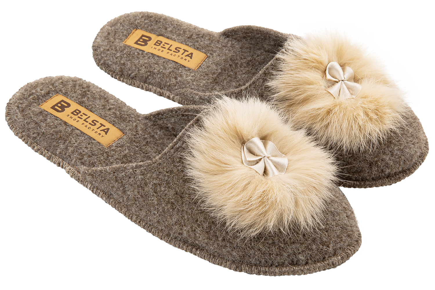 Indoor closed women's slippers made of Italian felt, decorated with fur