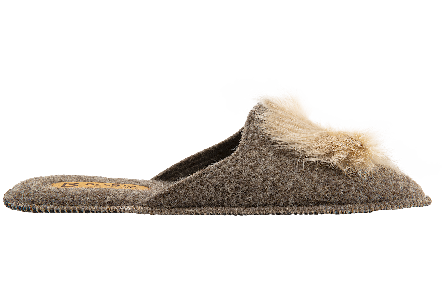 Indoor closed women's slippers made of Italian felt, decorated with fur