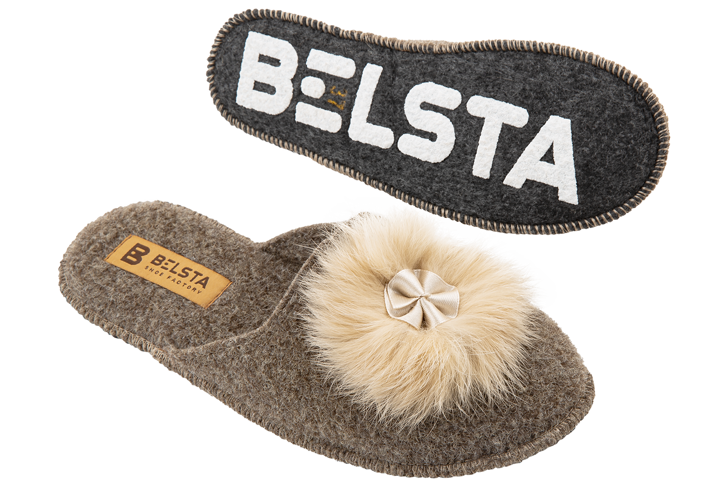 Indoor closed women's slippers made of Italian felt, decorated with fur