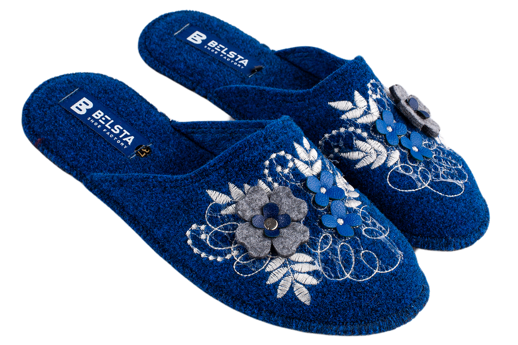 Women's closed slippers BELSTA made of dark blue Italian felt, decorated with embroidery and a floral appliqué
