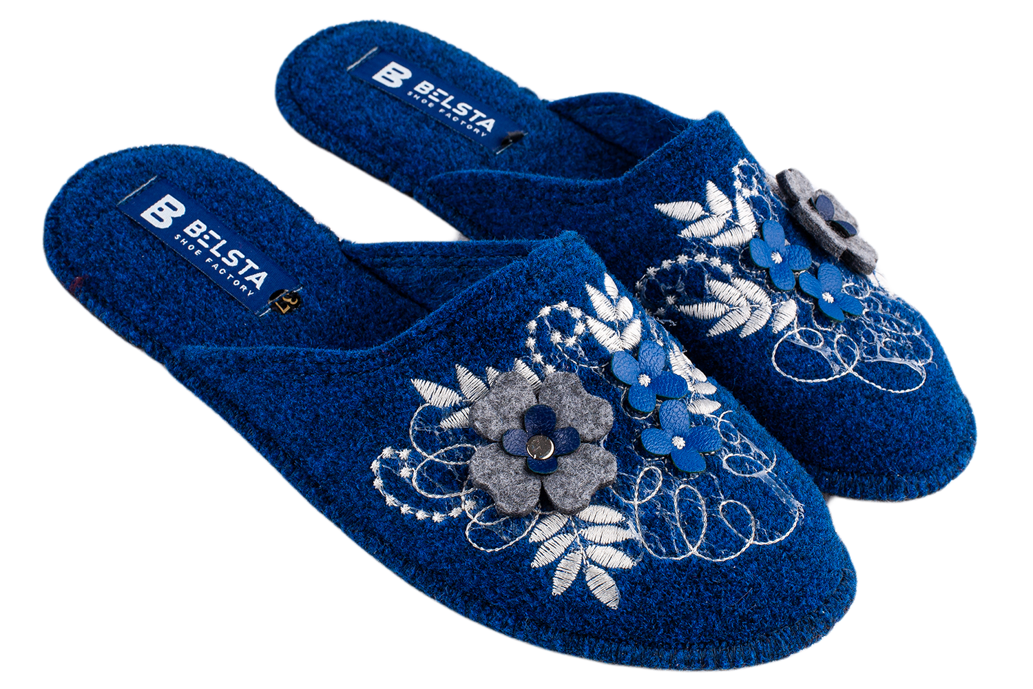 Women's closed slippers BELSTA made of dark blue Italian felt, decorated with embroidery and a floral appliqué