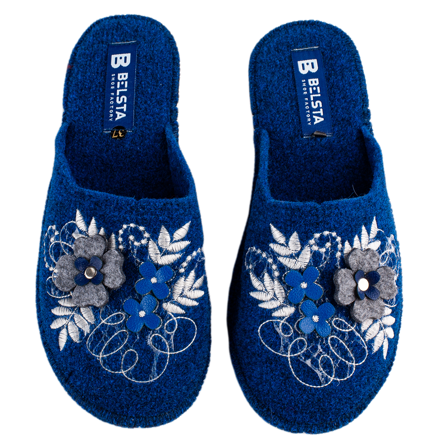 Women's closed slippers BELSTA made of dark blue Italian felt, decorated with embroidery and a floral appliqué