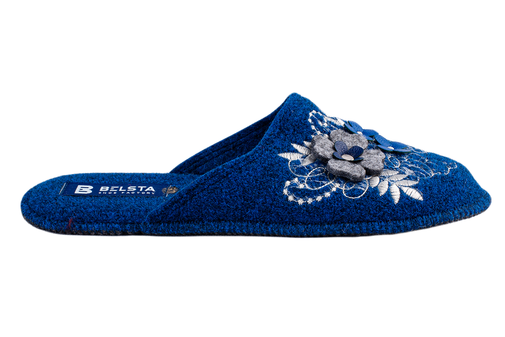 Women's closed slippers BELSTA made of dark blue Italian felt, decorated with embroidery and a floral appliqué
