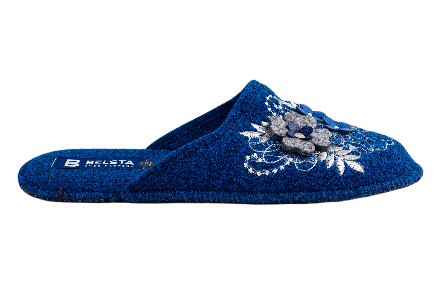 Women's closed slippers BELSTA made of dark blue Italian felt, decorated with embroidery and a floral appliqué
