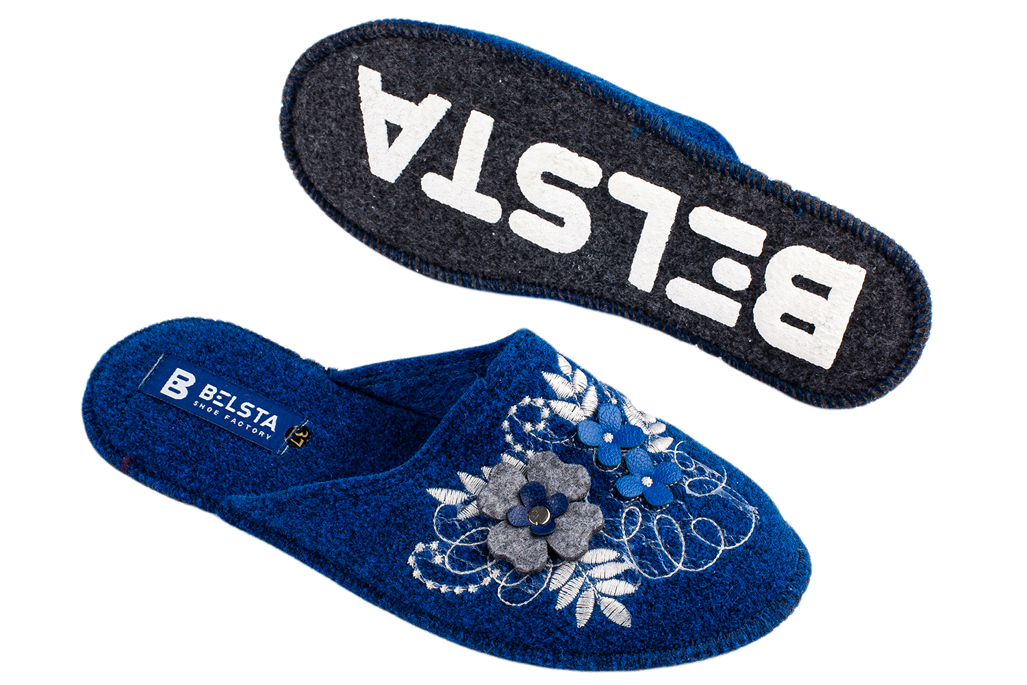 Women's closed slippers BELSTA made of dark blue Italian felt, decorated with embroidery and a floral appliqué