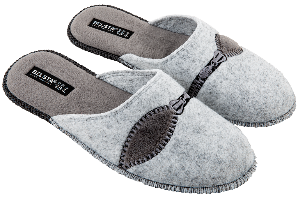 Men's closed slippers BELSTA made of grey Italian felt, decorated with lightning bolt embroidery