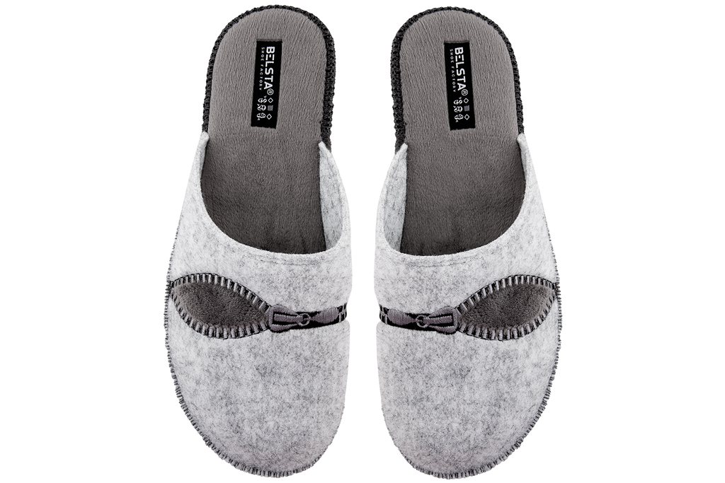 Men's closed slippers BELSTA made of grey Italian felt, decorated with lightning bolt embroidery