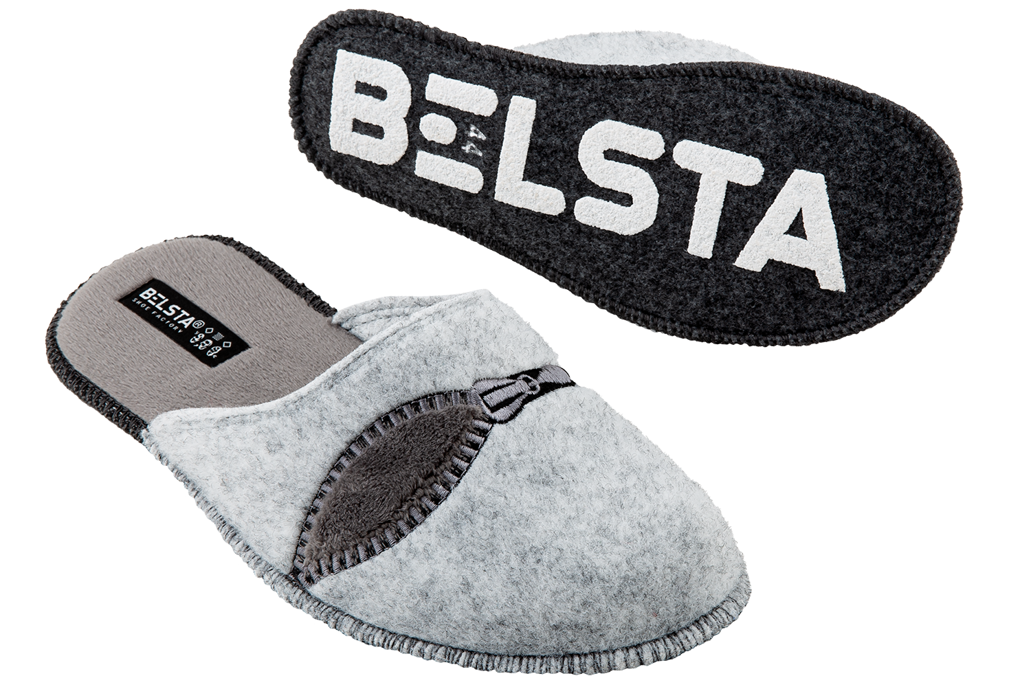 Men's closed slippers BELSTA made of grey Italian felt, decorated with lightning bolt embroidery